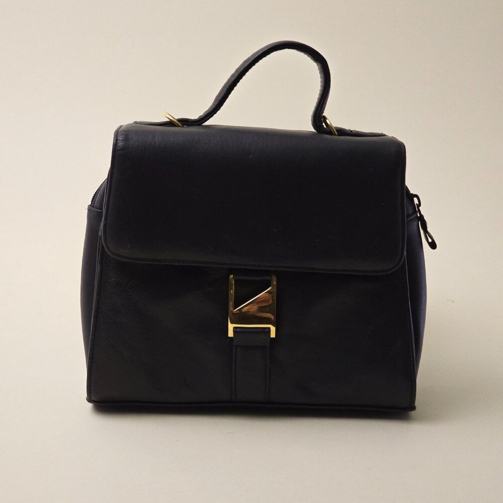 Modern Mid Century Dark Blue Leather French Handbag with Brass Accents by Rafy